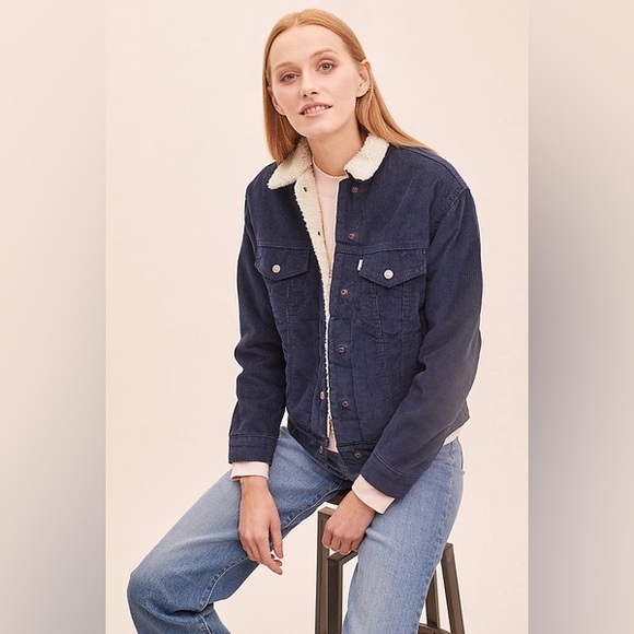 Levi’s | Women’s Navy Blue Premium Label Sherpa Lined Corduroy Trucker Jacket XS - Picture 1 of 14